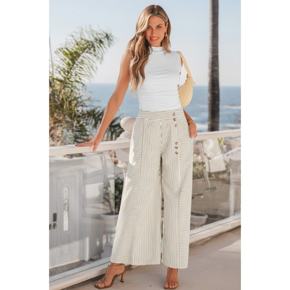 NWT Cupshe Striped Wide Leg Pants Casual Summer Spring Pull On Size Large - Picture 6 of 12